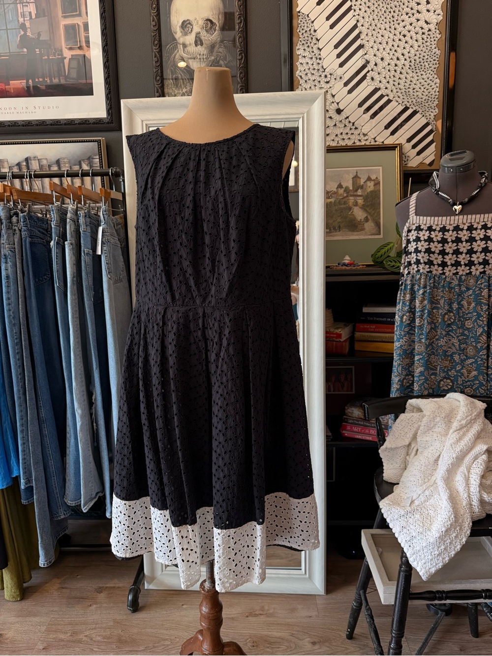 London Times Black Eyelet Midi Dress with White Hem